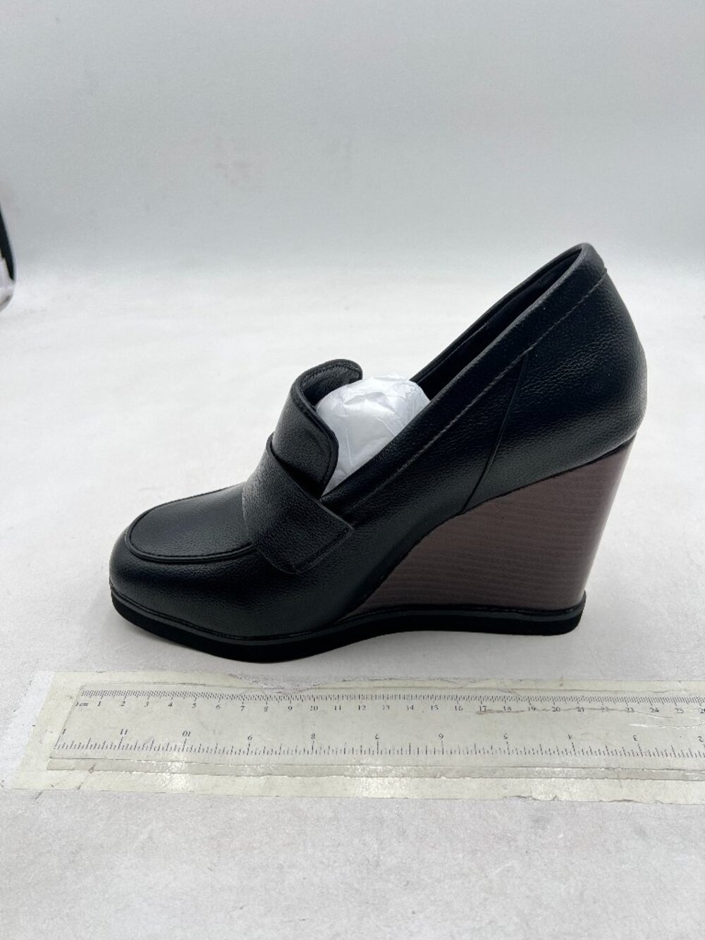 YDN Black Dressy Pump Square Closed Toe Slip On Loafers Wedges High Heeled Shoes